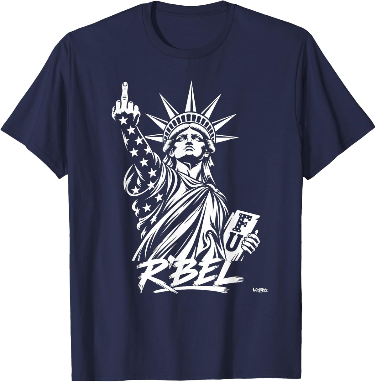 R’BEL Statue of Liberty Middle Finger - White Freedom USA T-Shirt - Navy Blue