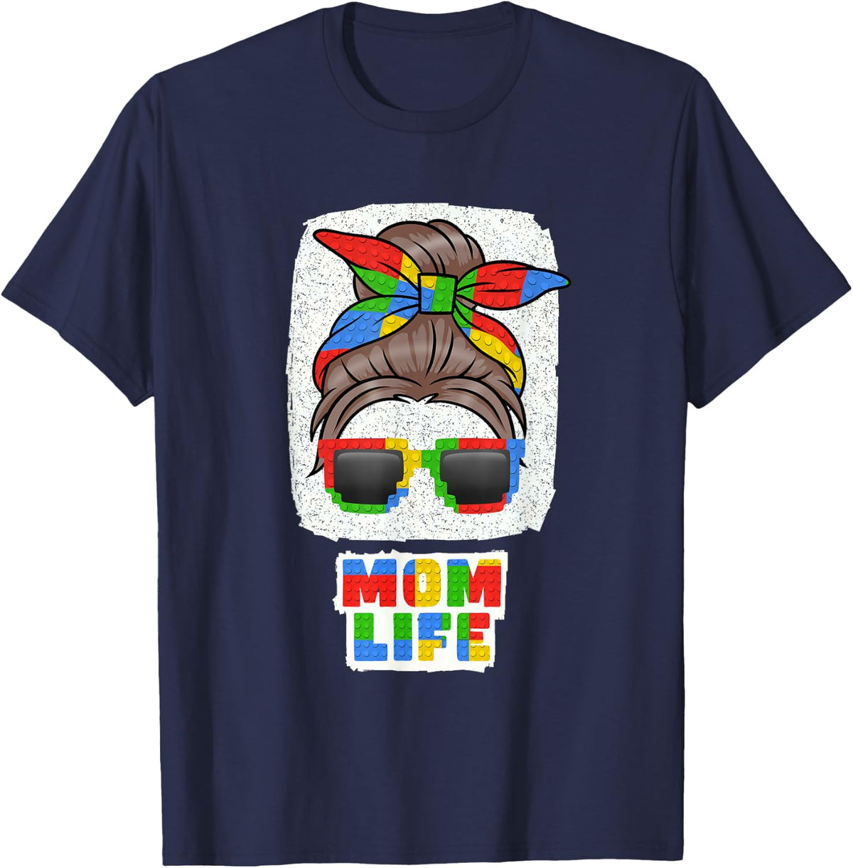 Mom Life Cute Messy Bun Master Builder Building Blocks Women T-Shirt - Navy Blue