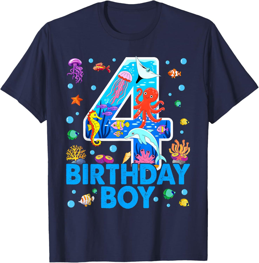 4th Birthday Party Ocean 4 Year Old Sea Fish Birthday Boy T-Shirt - Navy Blue