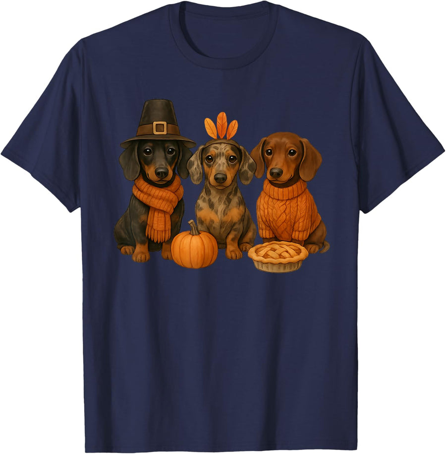 Dachshund Thanksgiving Wiener Dog Pumpkin Weenie Applepie T-Shirt - Navy Blue