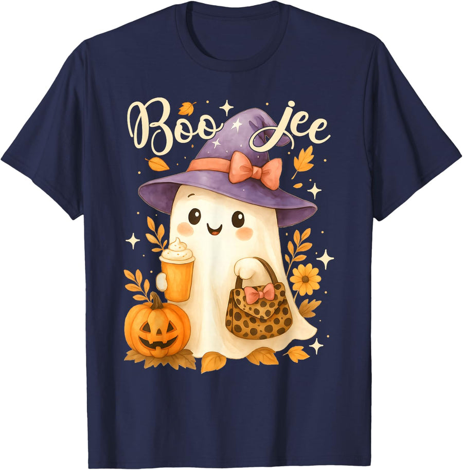 Cute Boo JEE Witch Ghost Halloween Coffee Latte Leopard T-Shirt - Navy Blue