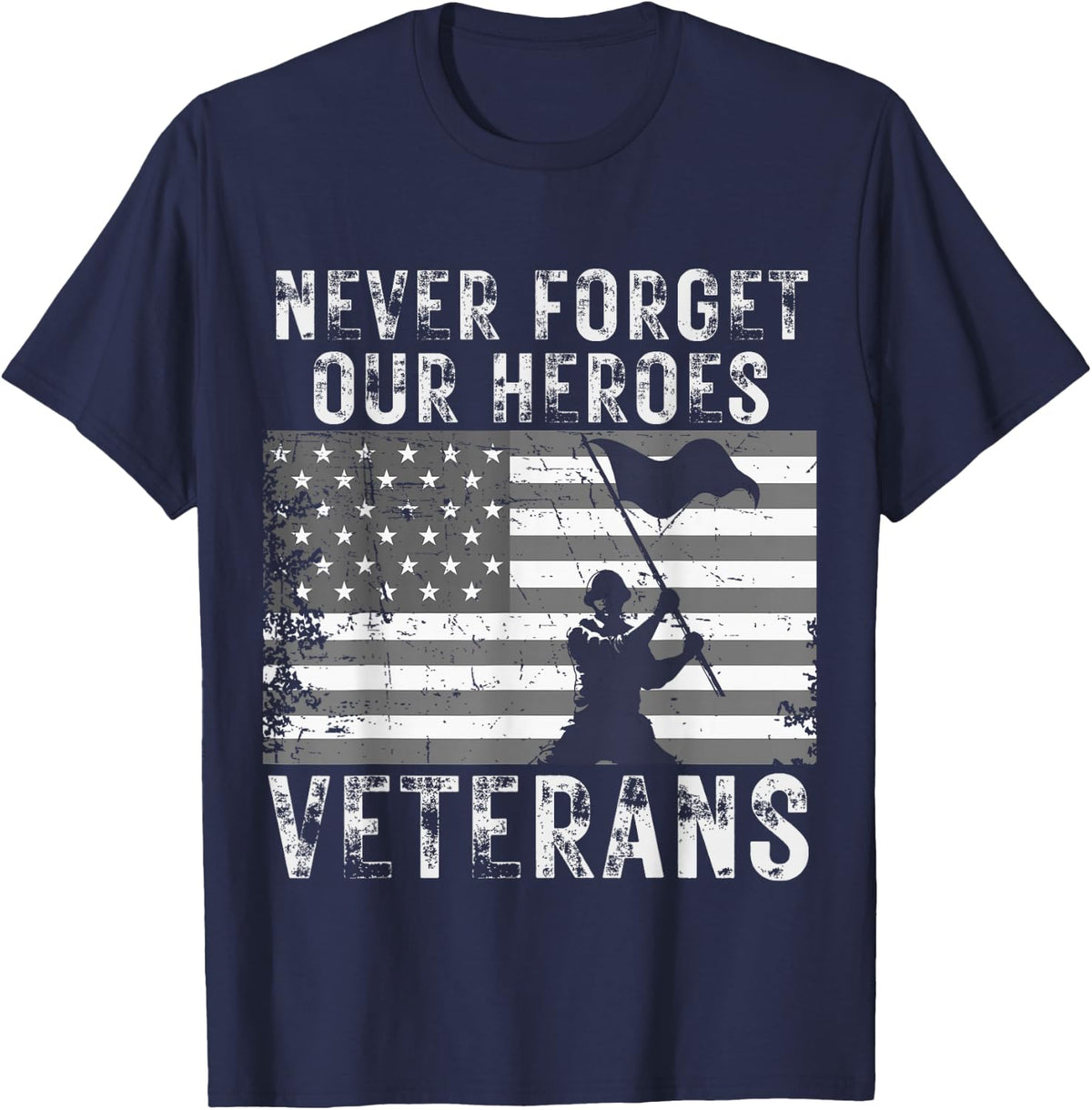 Never Forget Our Heroes Thank You Veterans American Flag USA T-Shirt - Navy Blue