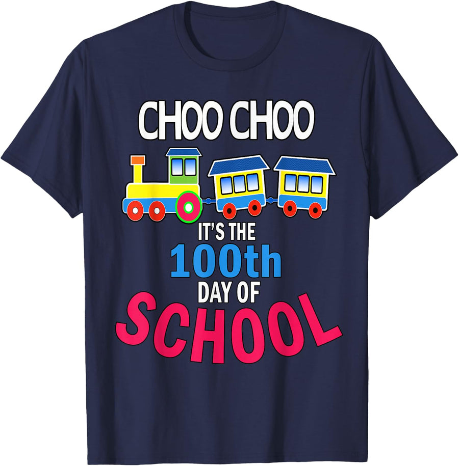 Train 100 Days Of Kindergarten School Student Teacher T-Shirt - Navy Blue