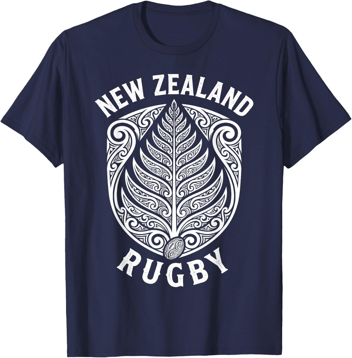 New Zealand Rugby Silver Fern with Traditional Maori Pattern T-Shirt - Navy Blue