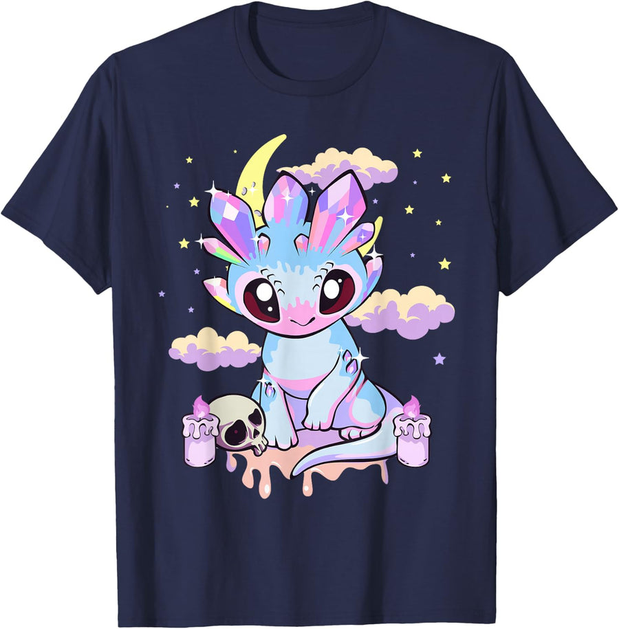 Pastel Goth Kawaii Cute Crystal Dragon Tee Shirt for Women Men - Navy Blue