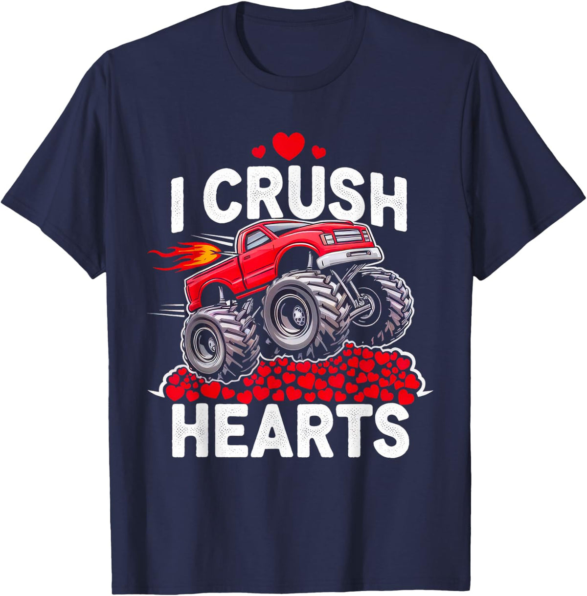 Valentines Day Monster Truck Boys Kids I Crush Hearts Truck T-Shirt - Navy Blue