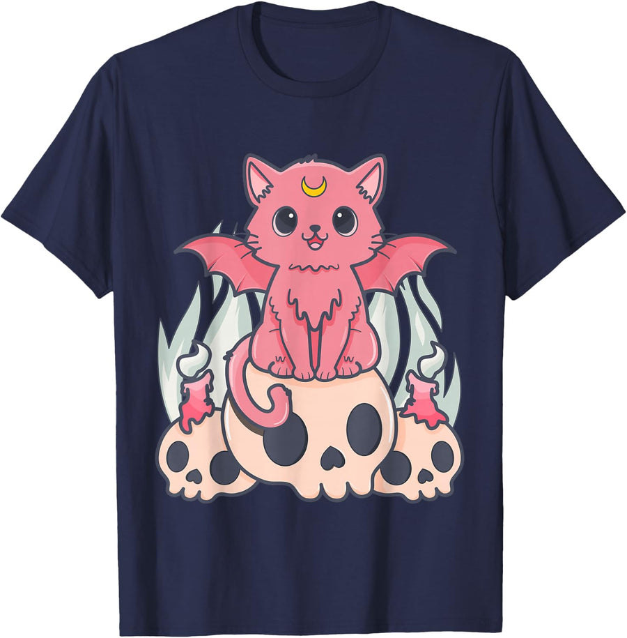 Kawaii Pastel Goth Cute Creepy Demon Cat and Skull Anime Art T-Shirt - Navy Blue