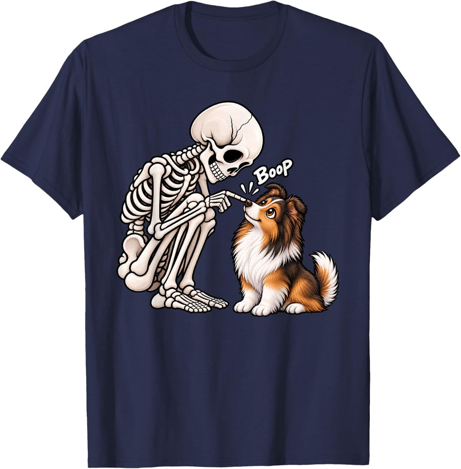 Funny Skeleton Shetland Sheepdog Boop Halloween Dog Lover T-Shirt - Navy Blue