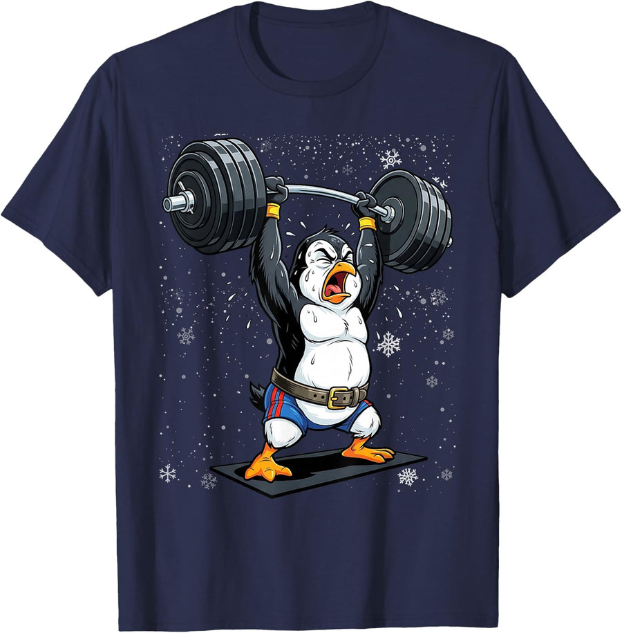 Strong Penguin Lifting Weights Workout Training T-Shirt - Navy Blue