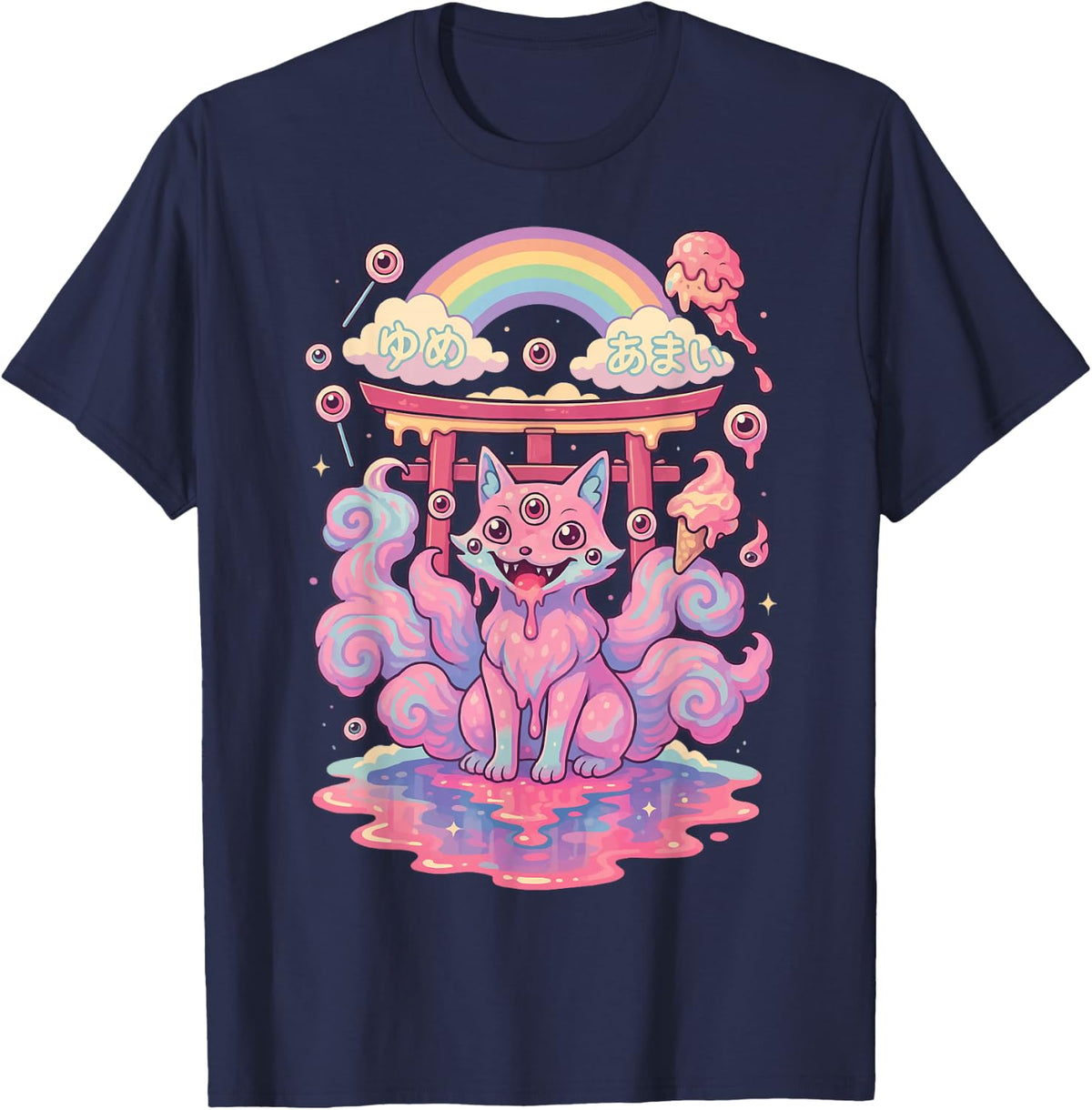 Kitsune Weirdcore Surreal Japanese Fox Kawaii T-Shirt - Navy Blue