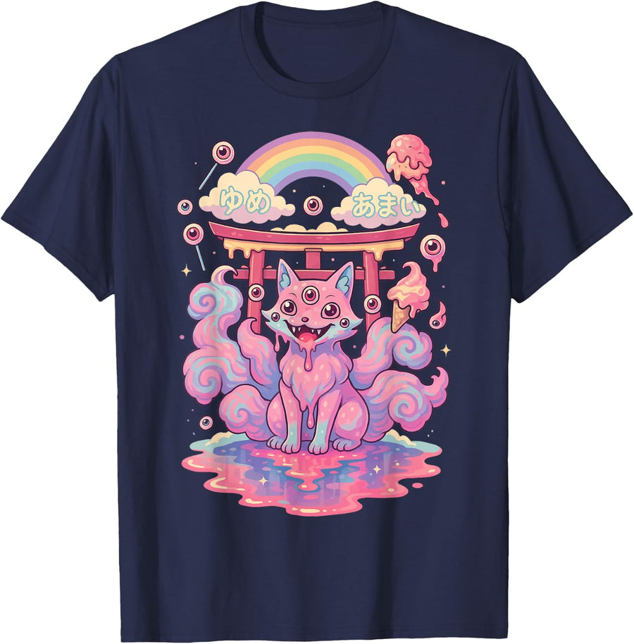 Kitsune Weirdcore Surreal Japanese Fox Kawaii T-Shirt - Navy Blue