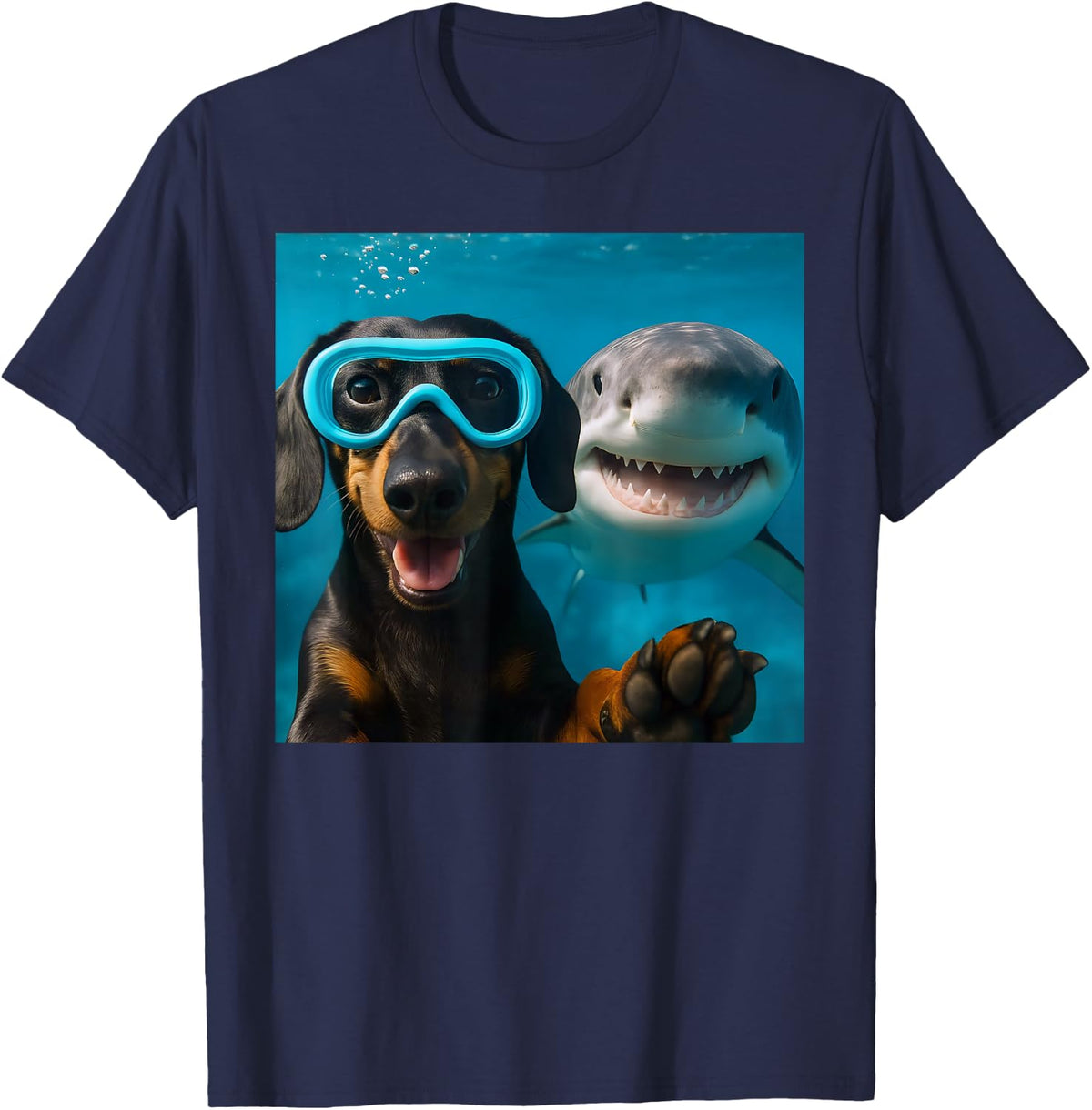 Funny Dachshund Doxie Dog Selfie with Shark Ocean Lovers T-Shirt - Navy Blue
