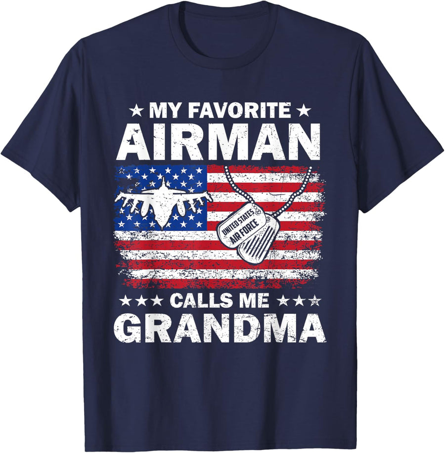 My Favorite Airman Calls Me Grandma USAF Flag US Air Force T-Shirt - Navy Blue