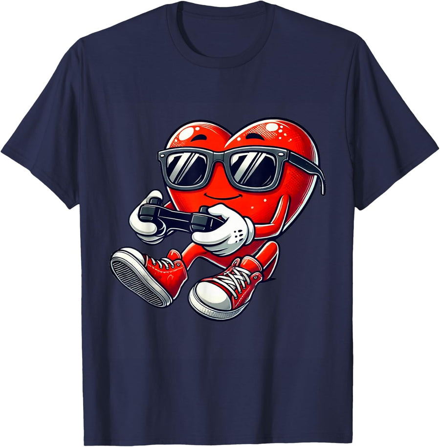 Valentines Day Heart Gamer Video Gaming Boys Men Kids Tees T-Shirt - Navy Blue