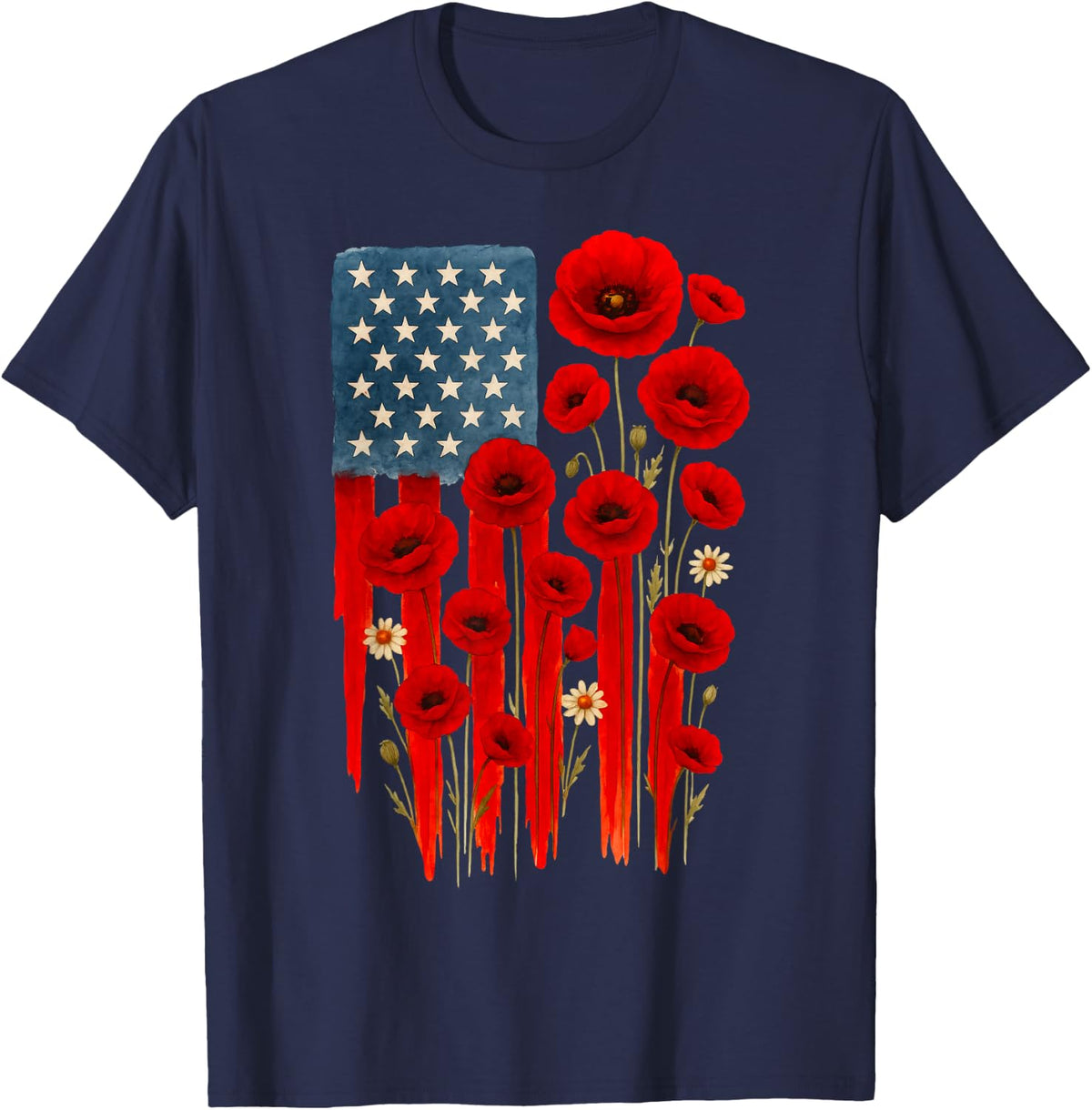 Poppy Flower Veterans Day USA Flag Memorial Day 4TH Of July T-Shirt - Navy Blue