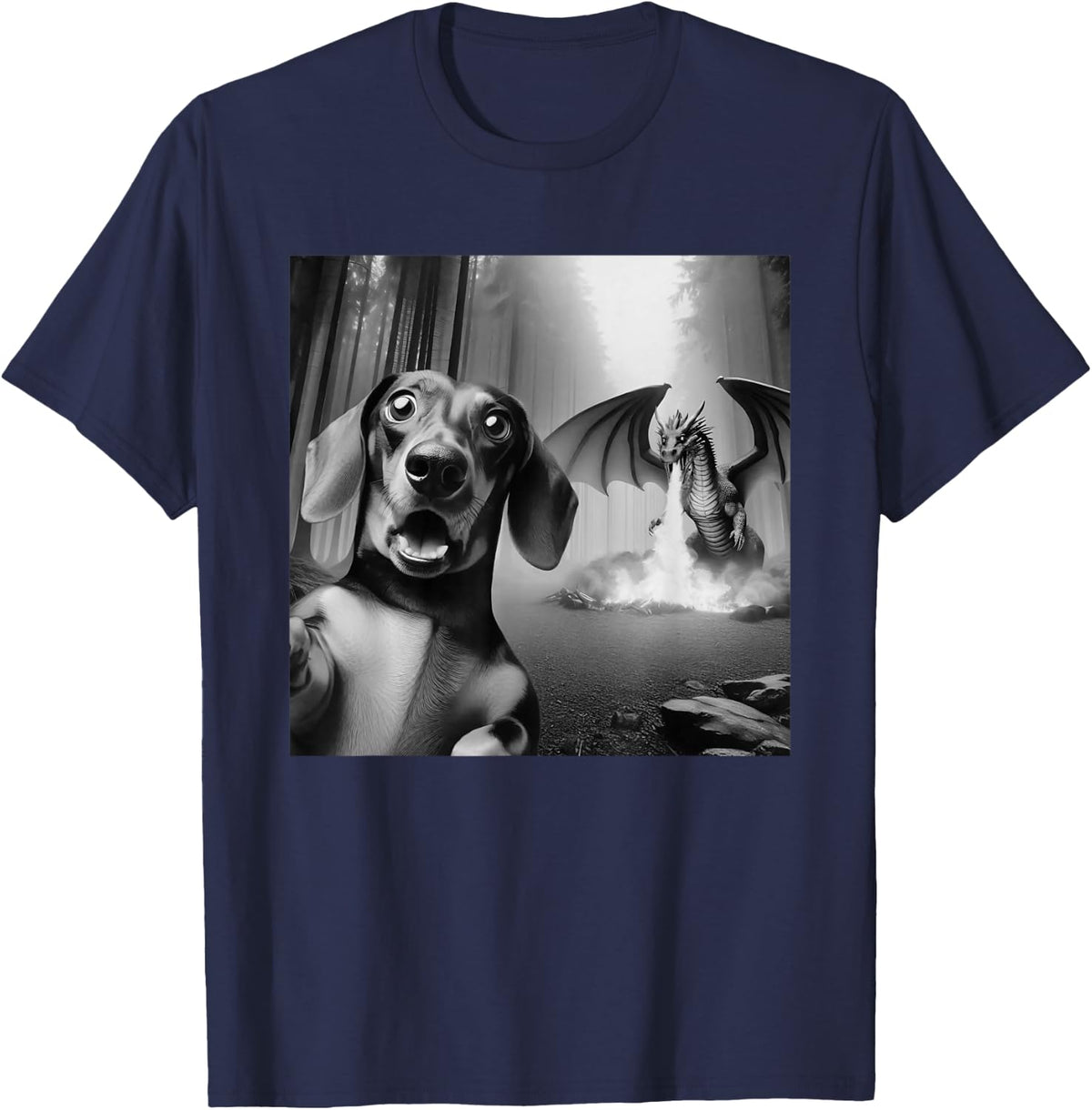 Funny Dachshund Selfie with dragon surprised Dachshund T-Shirt - Navy Blue