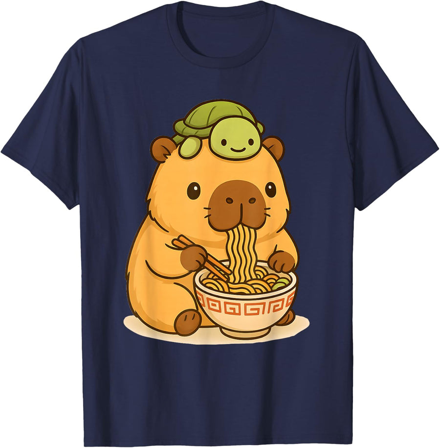 Cute Capybara and Turtle Eating Ramen Kawaii Capibara T-Shirt - Navy Blue