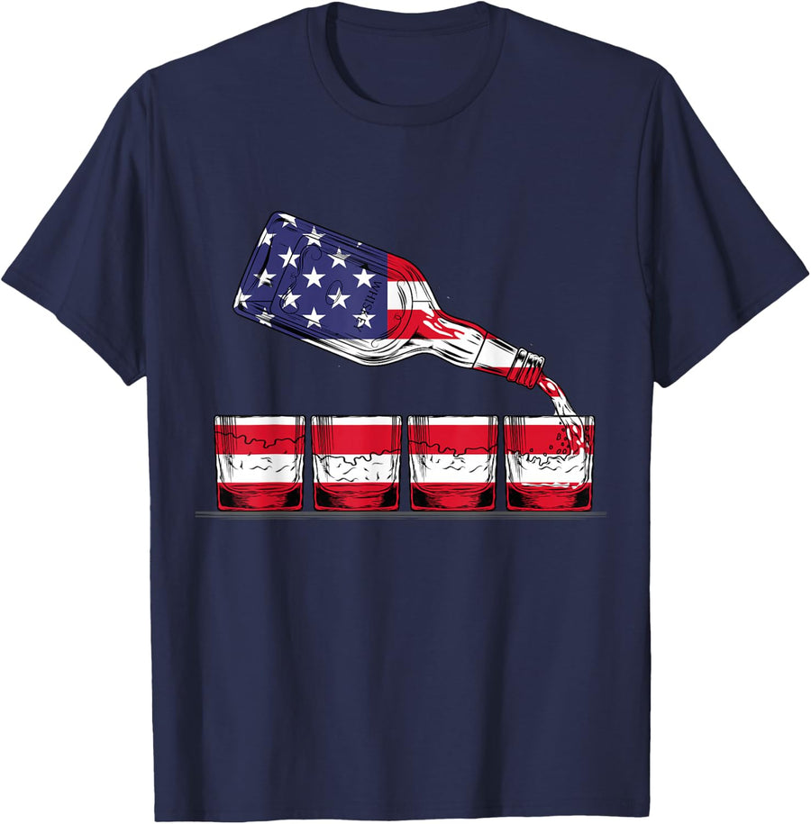 Whisky American Flag Glasses 4th of July Men Women USA T-Shirt - Navy Blue