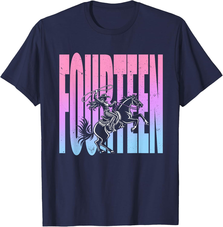 14th Birthday Rodeo Western Cowgirl Riding Horse Party T-Shirt - Navy Blue