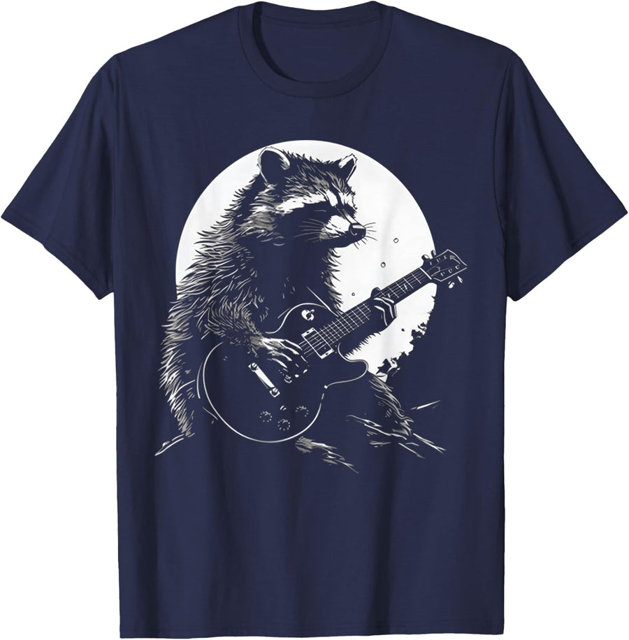 Racoon Playing Guitar with Moon Funny Raccoon Meme Guitarist T-Shirt - Navy Blue
