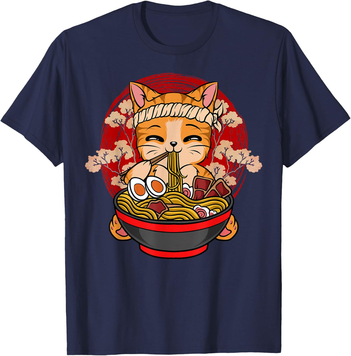 Cat Eating Ramen Shirt Kawaii Anime Japanese Noodles Funny Cat Tee T-Shirt - Navy Blue