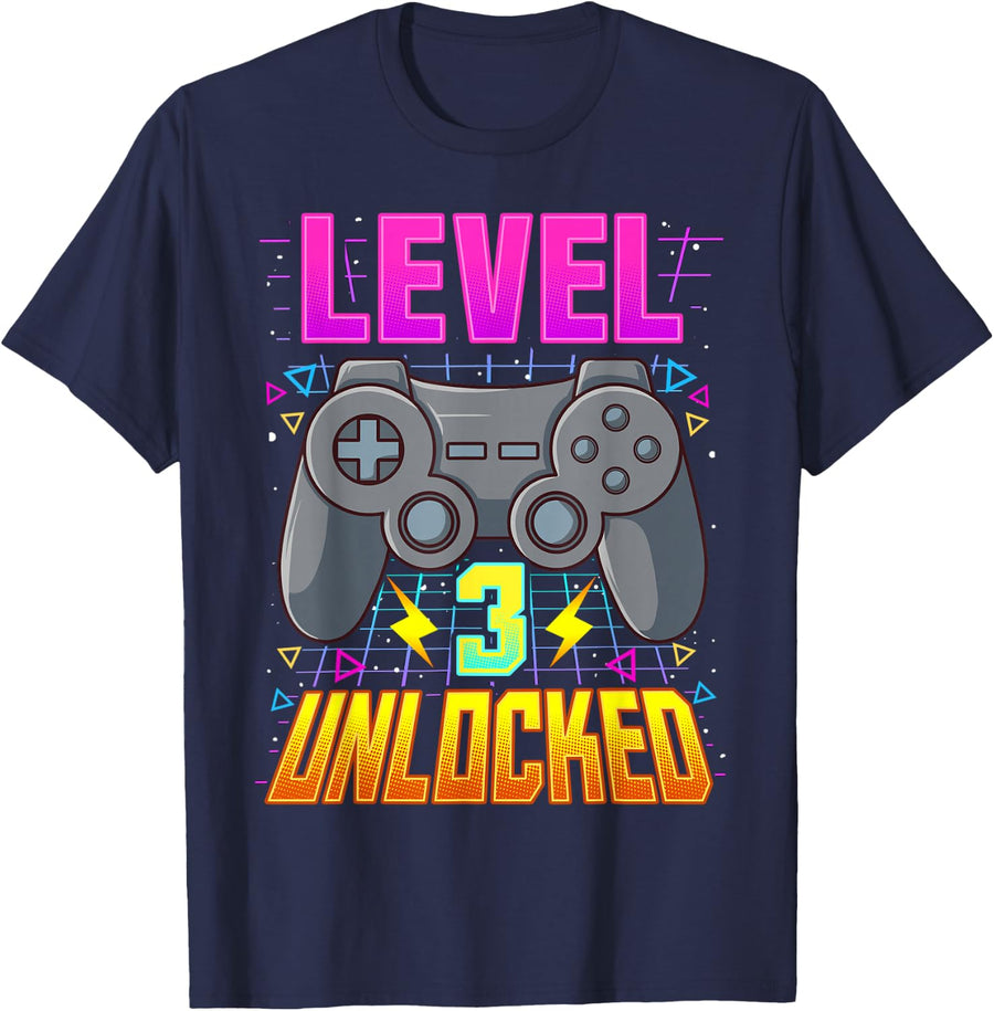 Level 3 Unlocked Shirt Video Game Boys 3rd Birthday Gamer T-Shirt - Navy Blue