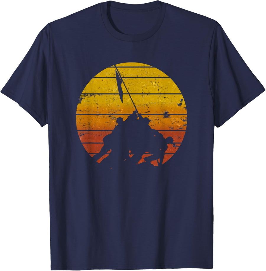 Iwo Jima Flag Raising Sunrise Vintage Military T-Shirt - Navy Blue