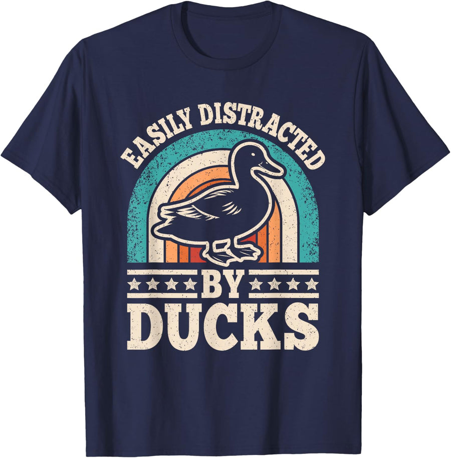Easily Distracted By Ducks Retro Men Women T-Shirt - Navy Blue
