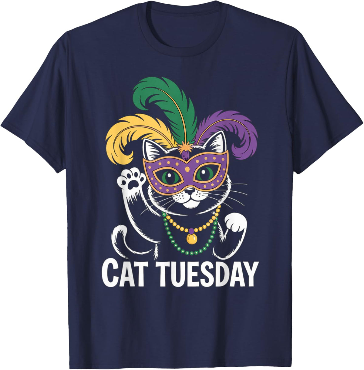 Mardi Gras Cat Tuesday New Orleans Party Cat Lover T-Shirt - Navy Blue