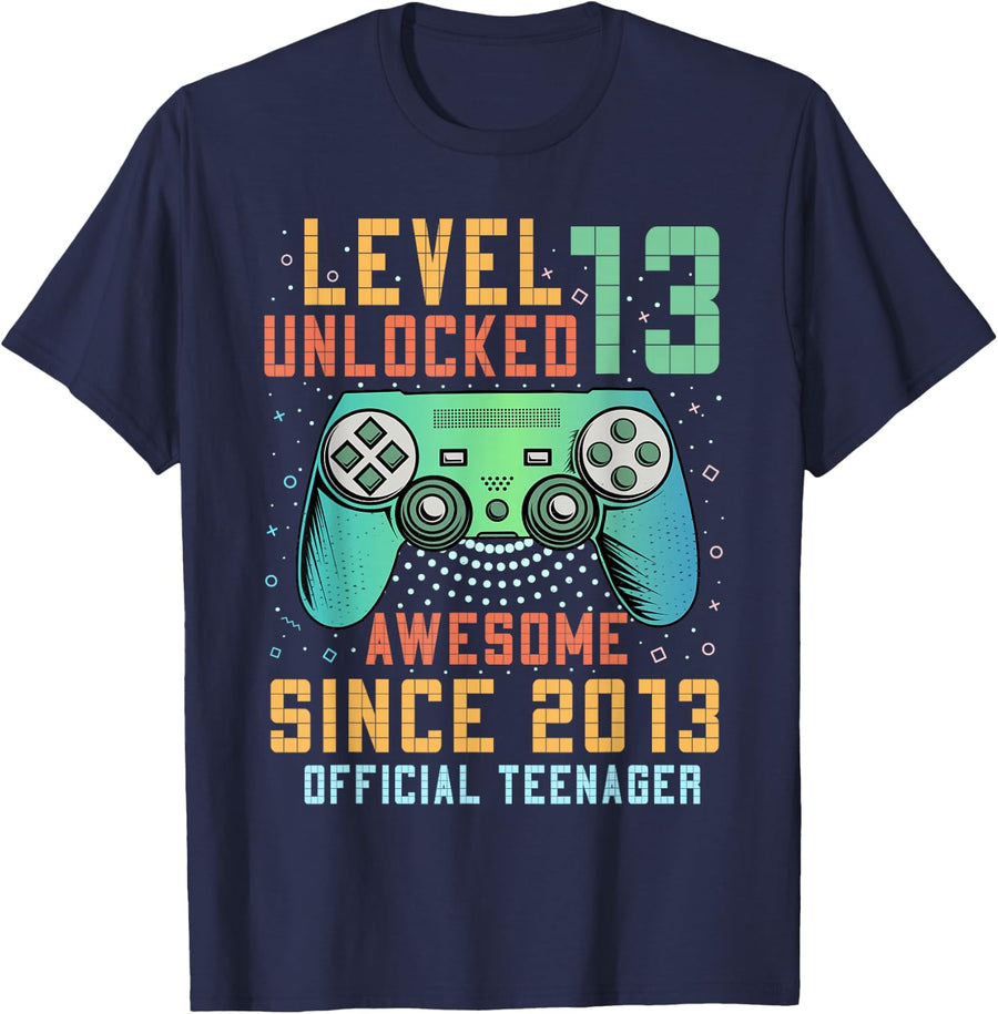Level 13 Unlocked Official Teenager 13th Birthday Boy T-Shirt - Navy Blue
