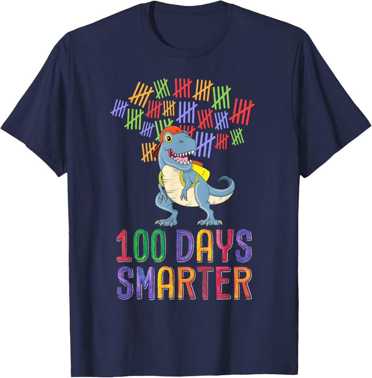 100 Days Smarter 100th Day of School Outfit T-Rex Dinosaur T-Shirt - Navy Blue