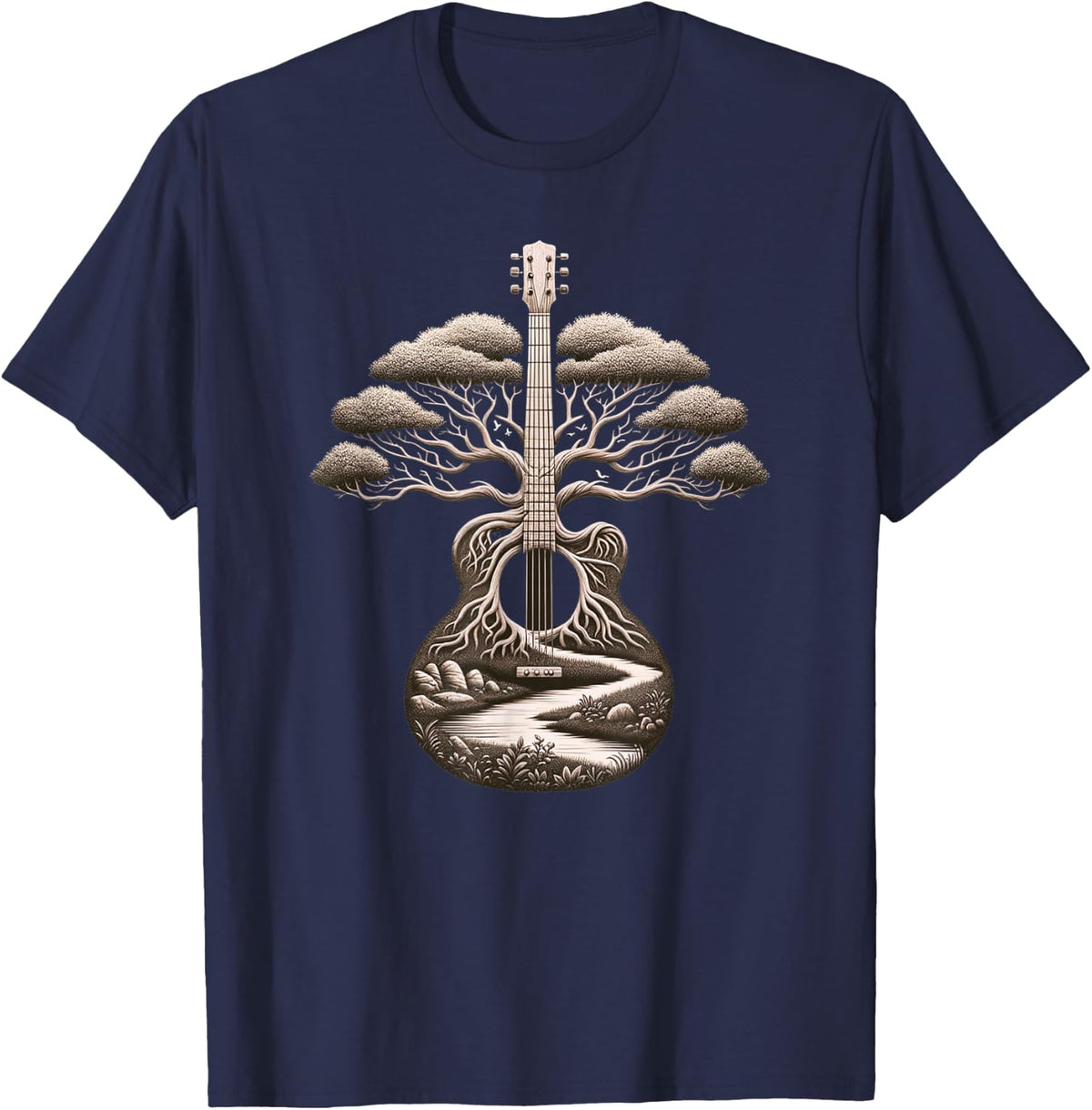 Acoustic Guitar Tree Nature Lover Guitarist Guitar Player T-Shirt - Navy Blue