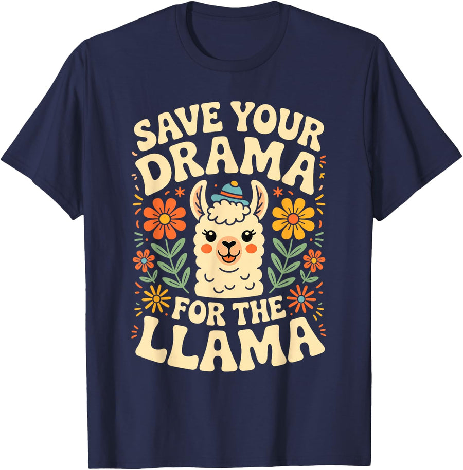 Animal Puns Save Your Drama for The Llama Cute Floral Llama T-Shirt - Navy Blue