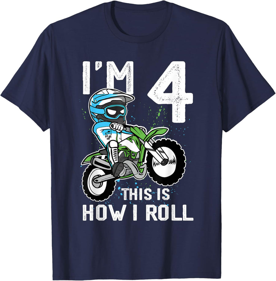 4th Birthday Motorcycle Dirt Bike Birthday 4 Year Old Boy T-Shirt - Navy Blue