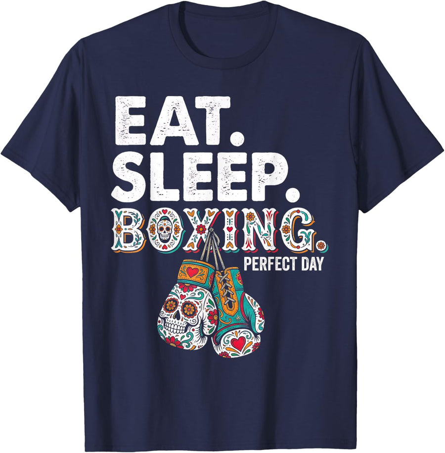 Funny Eat Sleep Repeat Boxing Lover Mexican Sugar Skull Boxe T-Shirt - Navy Blue