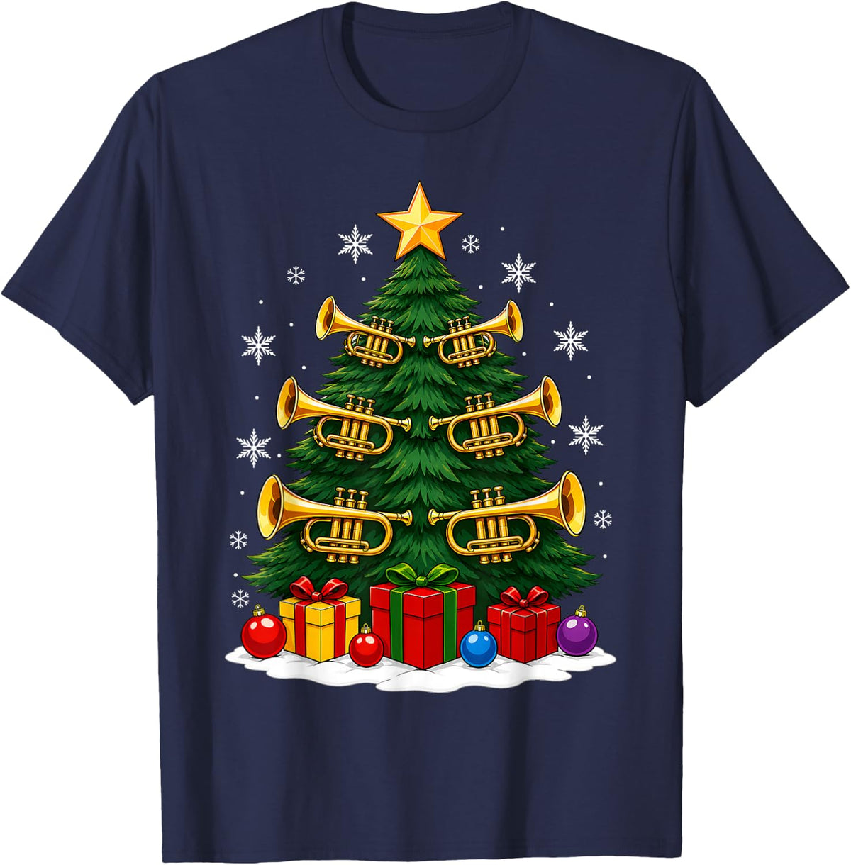 Festive Musical Instruments Trumpet Holiday Christmas Tree T-Shirt - Navy Blue