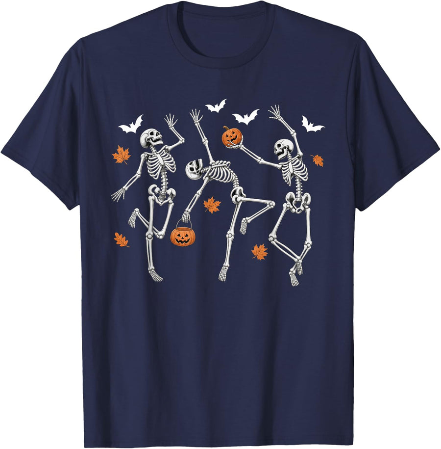 Skeleton Dancing Spooky Fall Thanksgiving Halloween Dance T-Shirt - Navy Blue