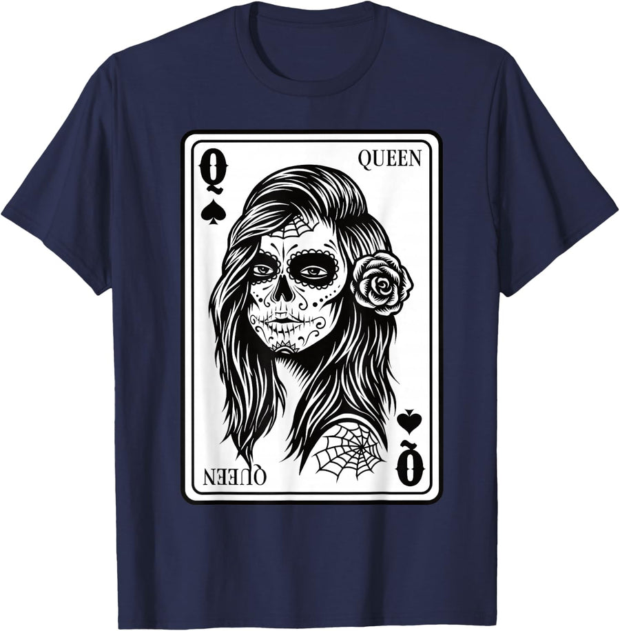 Queen Skull Catrina Card Spades Couple Matching with King T-Shirt - Navy Blue