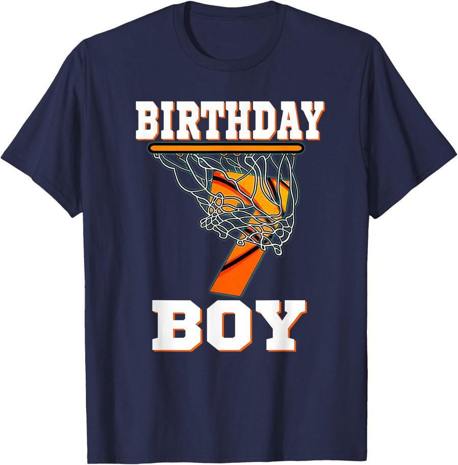 7 Years Old Basketball Boy 7th Birthday Party Celebration T-Shirt - Navy Blue
