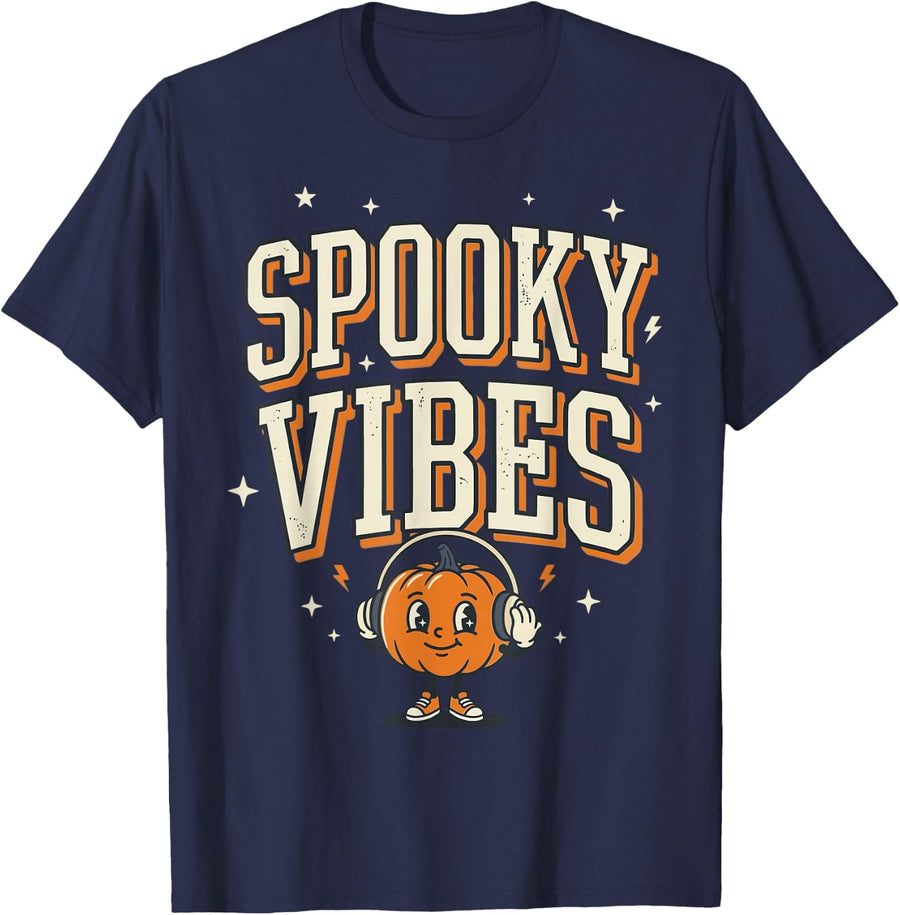 Spooky Vibes Pumpkin Headphones T-Shirt - Navy Blue