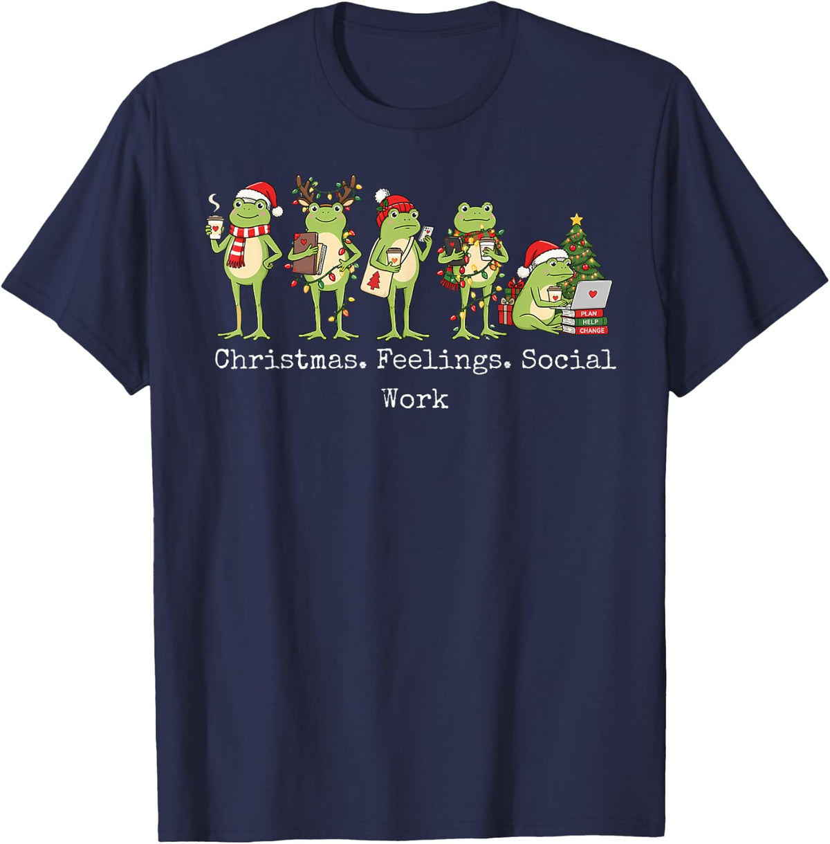 Christmas Feelings Social Worker Frog Xmas Lights Counselor T-Shirt - Navy Blue