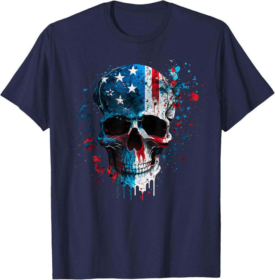 Skull Skeleton American Flag Freedom Patriotic 4th of July T-Shirt - Navy Blue