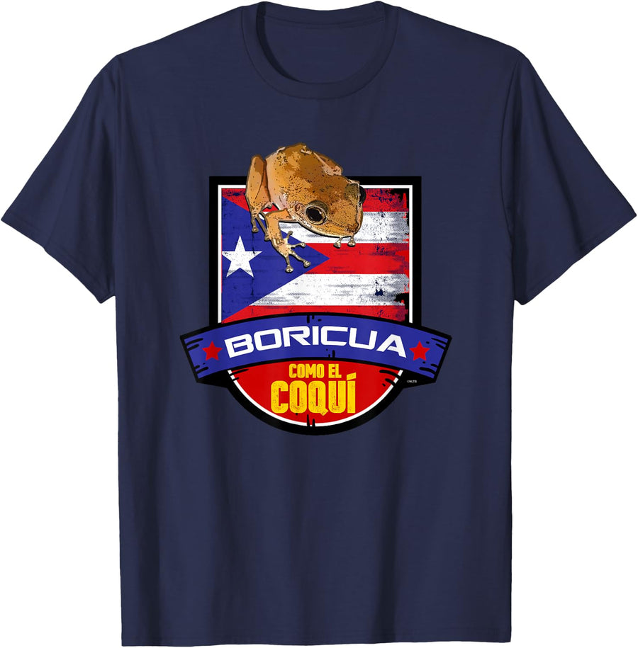 Boricua Como el Coqui & Puerto Rico Flag Pride Grunge T-Shirt - Navy Blue
