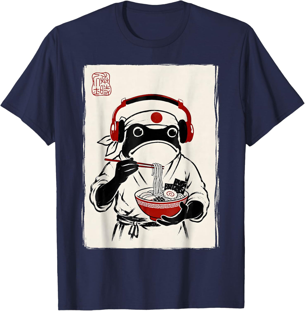 Frog Ramen Chef Ukiyo E Kawaii Japanese Art Noodle Lover T-Shirt - Navy Blue