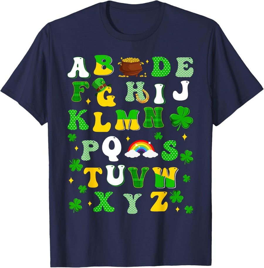 ABCs Alphabet Learning Preschool Shamrocks St. Patricks Day T-Shirt - Navy Blue