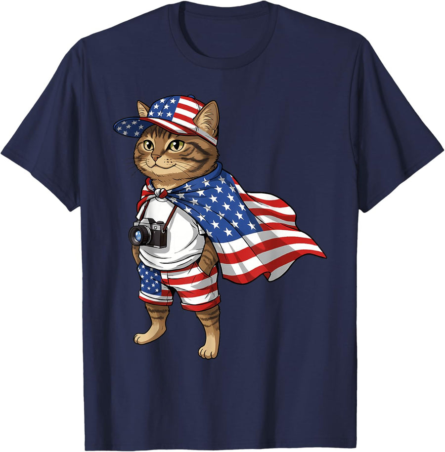 American Flag Cat Red White Blue Patriotic 4th of July T-Shirt - Navy Blue