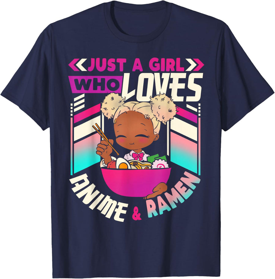 Anime Black Girl Ramen Shirt Women Girls Anime Tees Japanese Ramen T Shirts - Navy Blue