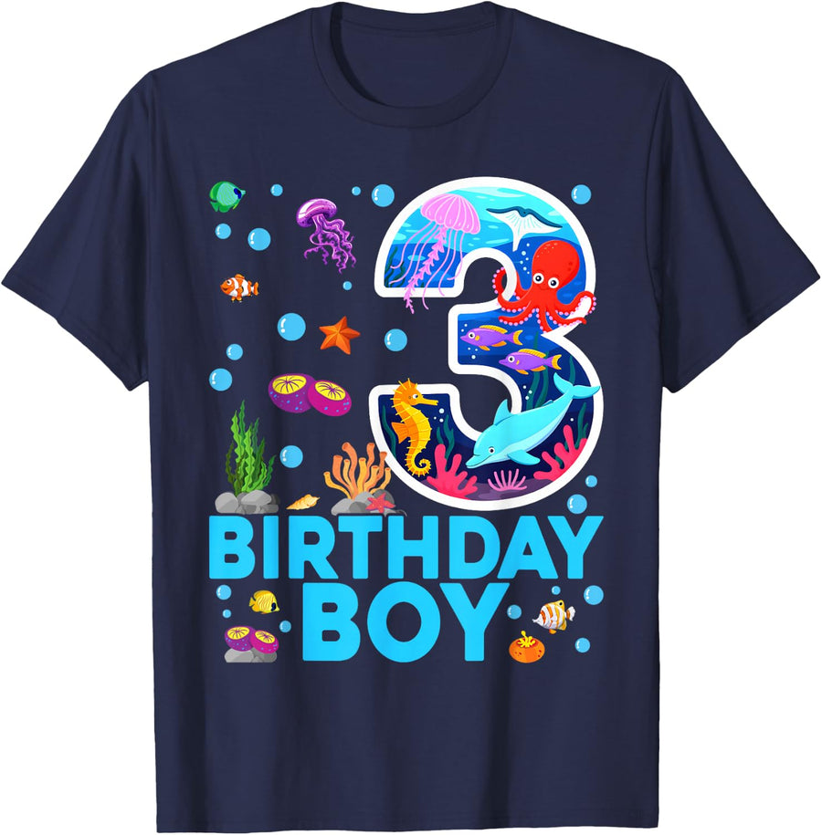 3rd Birthday Party Ocean 3 Year Old Sea Fish Birthday Boy T-Shirt - Navy Blue