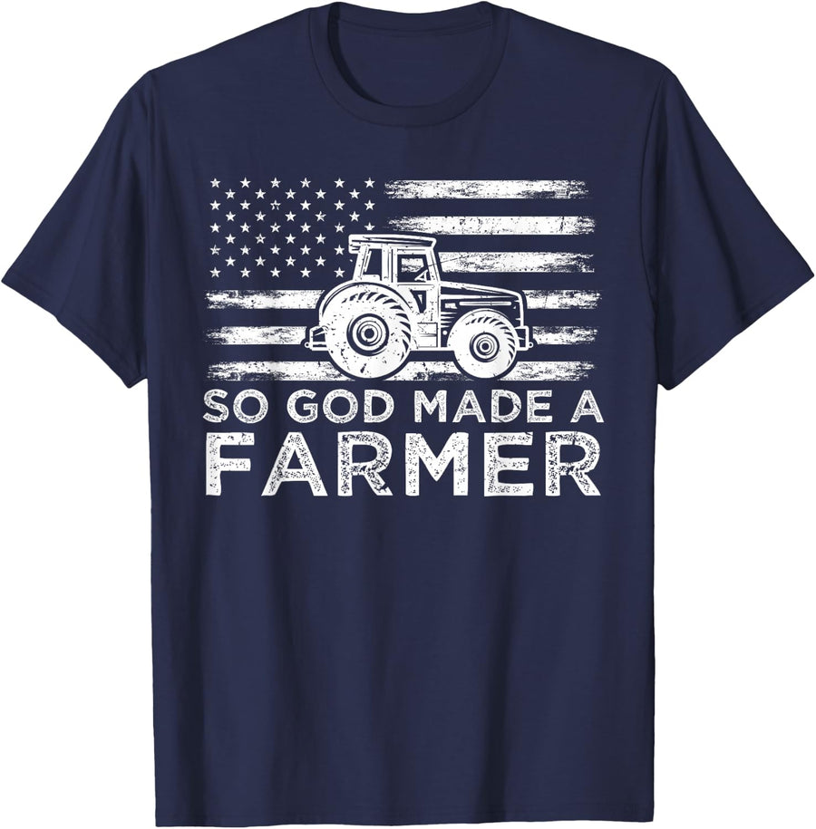 American Flag So God Made A Farmer 4th Of July T-Shirt - Navy Blue