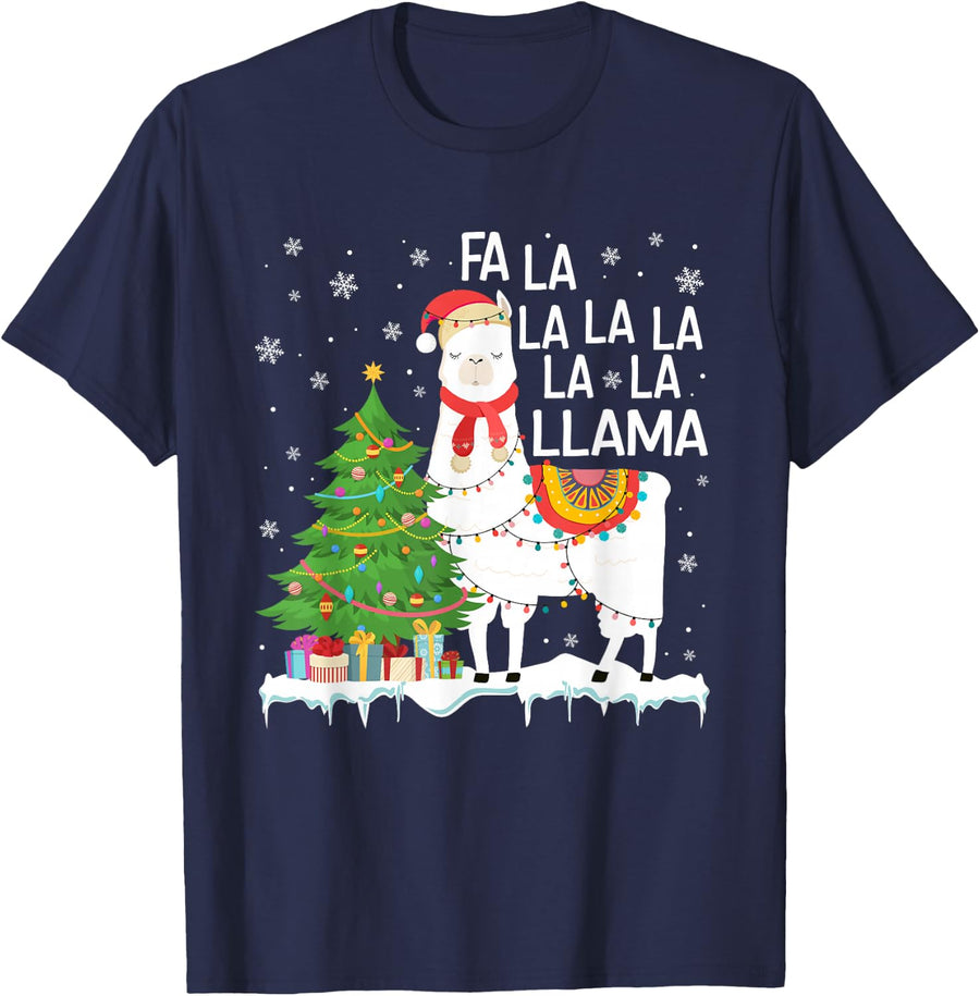 FA La La Llama Christmas Funny Xmas Pajamas Animal Lover T-Shirt - Navy Blue